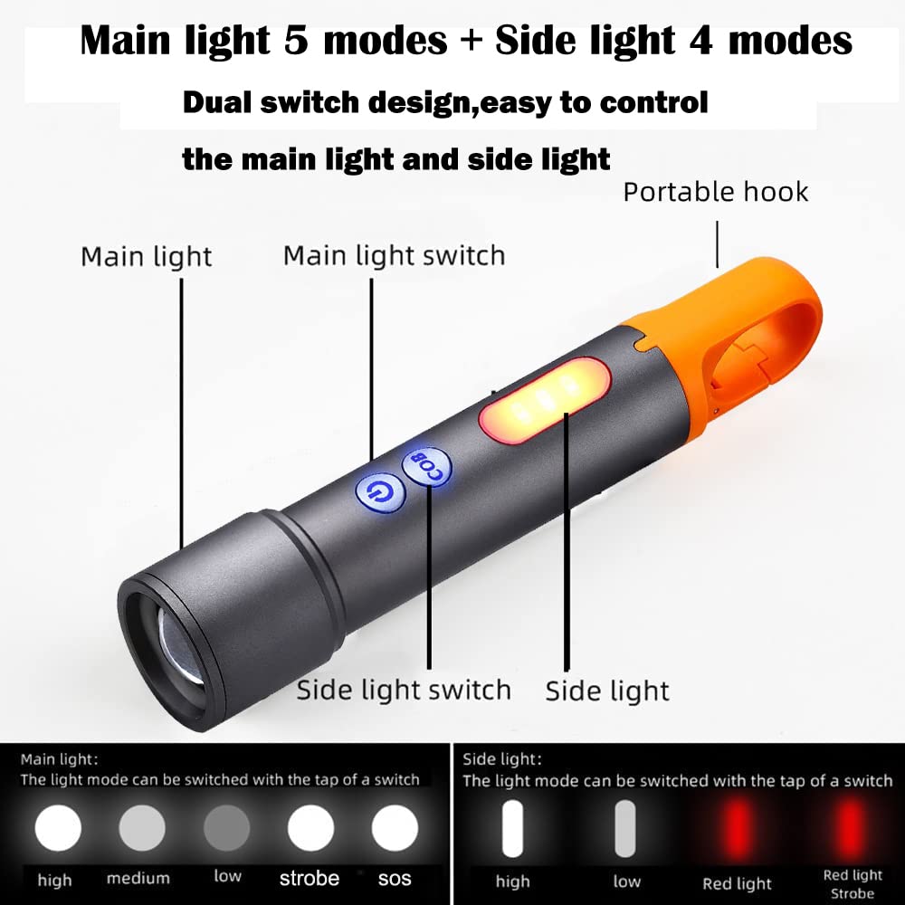 Torcia LED zoomabile con luce laterale COB con gancio, torcia ricaricabile EDC, impermeabile, torcia tattica portatile per campeggio, escursionismo, emergenza, uso domestico (nero)