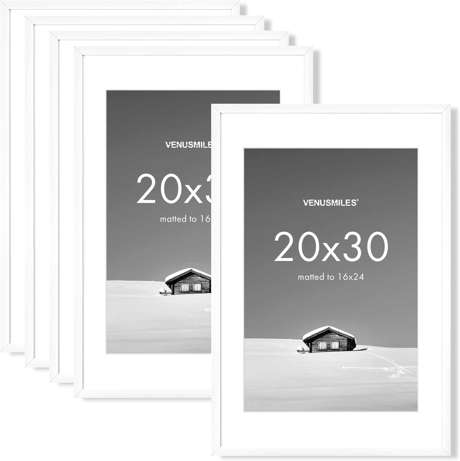 20x30 inch Picture Frame, 20x30 Photo Frames with 16x24 Removable Mat - High Definition Plexiglass - Vertical and Horizontal Display - Wall Hanging Poster Frame - White, 5 Pack 20x30, 5P White