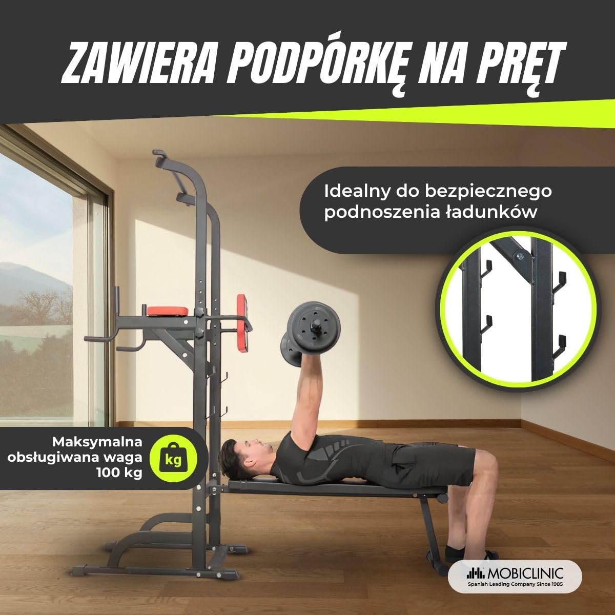 Mobiclinic® fitness, Stacja do treningu łowego, 9 w 1, Składana, Domifit, Regulowana 8 wysokościach, Drążek podciągania, Ławka rozkładana, Stojak na sztangę, Wielofunkcyjna, Antypoślizgowa, Wyś
