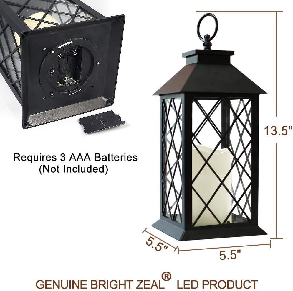 Bright Zeal 2-Pack 13.5" Candle Lanterns Outdoor Waterproof Decorative Lights with Timer Remote - Decorative Indoor LED Lanterns Battery Operated - Cool White Vintage Lantern Outdoor