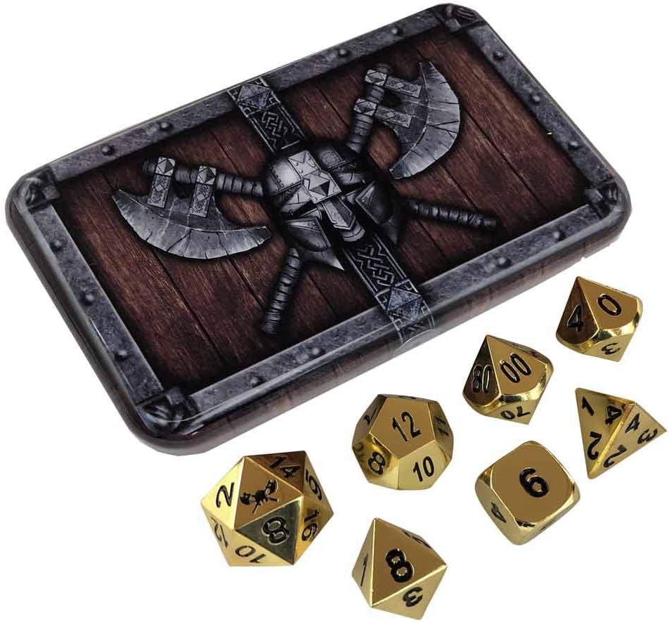 SkullSplitter Metal DND Dice Set - Gold Color with Black Numbering - Set of 7 Solid Polyhedral Metal Dice for RPG - Heavy Duty DND Dice for Tabletop RPG, Fantasy, Sci-Fi Games - Includes Metal Case
