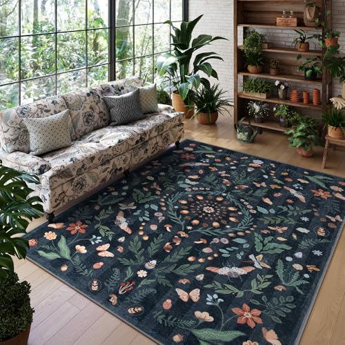 Lahome Insect Botanical Washable Black 6x9 Area Rugs for Living