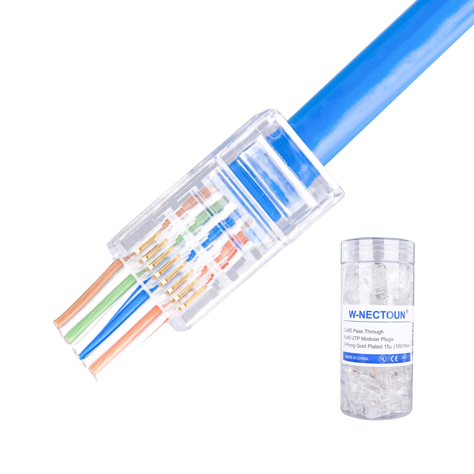 Conectores RJ45 de paso Cat5e, paquete de 100 extremos Cat5/conector Cat 5/conectores modulares Cat 5e RJ45 (chapado en oro de 3 clavijas 15μ), enchufe de red UTP para cable de hilo sólido