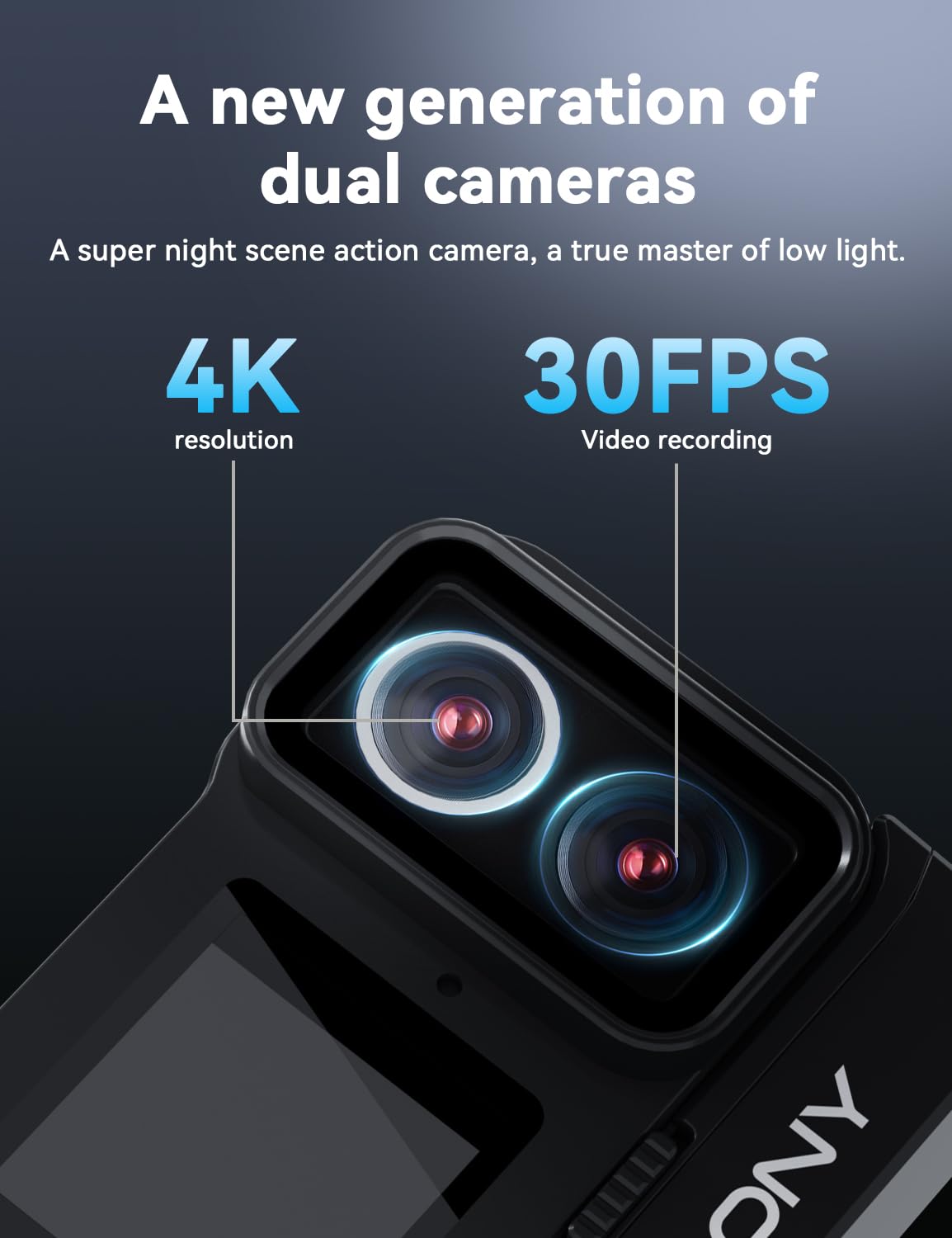 SVBONY SVGo Action Camera 4K30FPS Doppio Obiettivo F2.0/F1.4 Doppio Schermo IPS EIS Impermeabile 30m Batteria 1860mAh