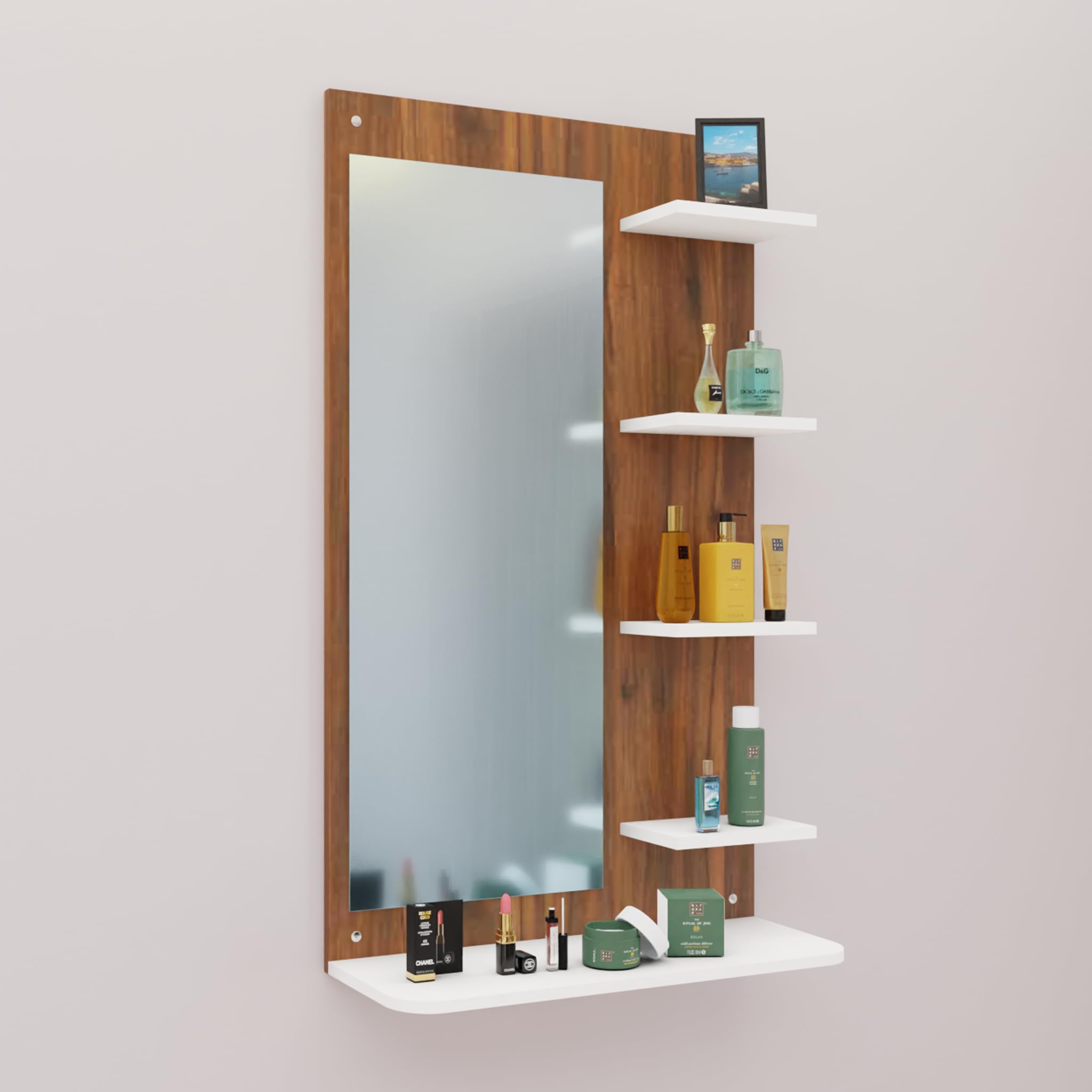 VIKI | Dressing Table with Mirror and Open Shelf, Organizer and Storage, Vanity Shelf, Bedroom, Makeup Furniture, Hallway 120cms(H)*70cms(W) | 1 Year Warranty, DIY | Brussel Walnut & Frosty White-image-30
