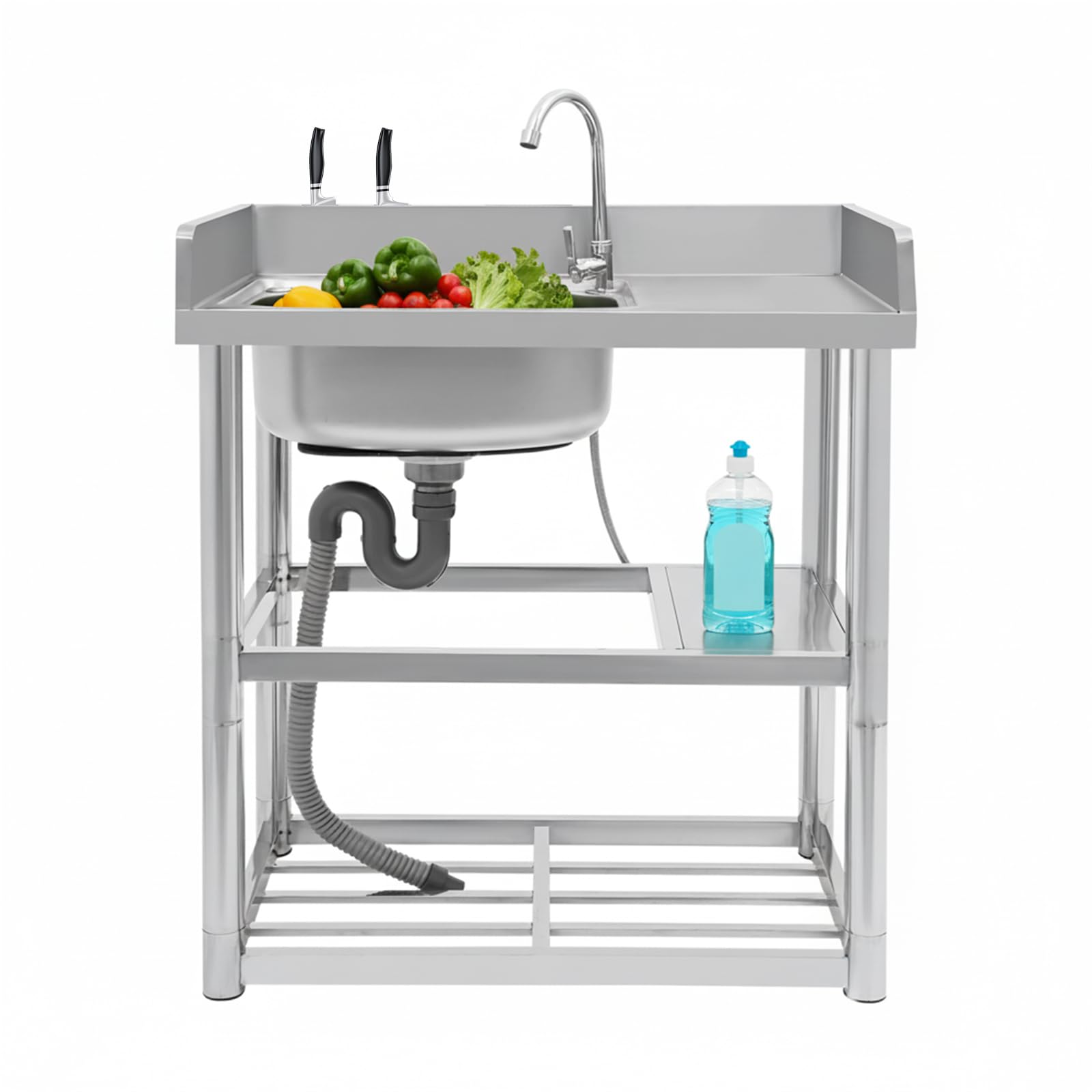Fregadero de cocina de acero inoxidable, fregadero de cocina independiente Fregadero de cocina con fregadero izquierdo y grifo para exteriores, lavadero, bar, restaurante 80 x 50 cm