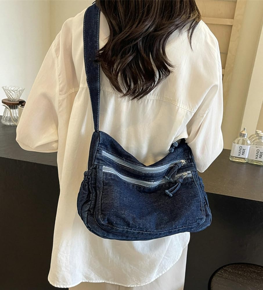 Borsa a tracolla da donna in stile retrò, grande, in tela, denim, stile casual, leggera, Blu scuro.