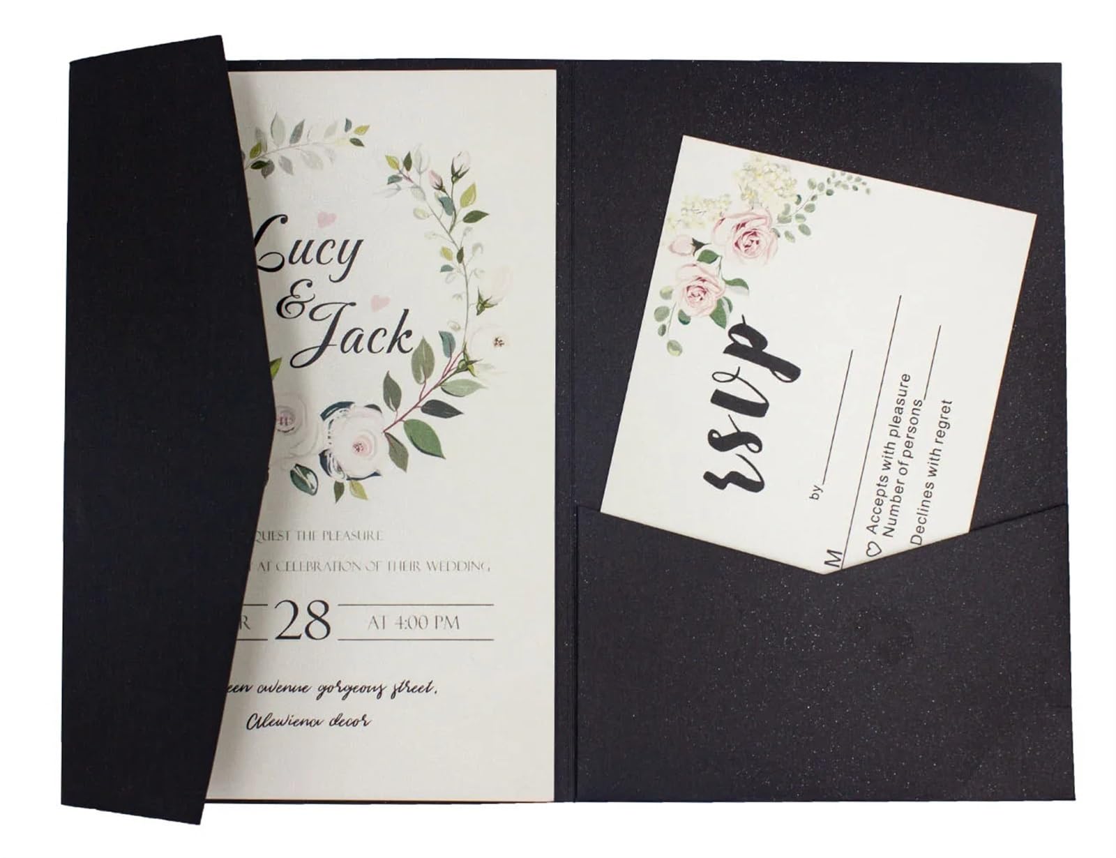 Hochzeitseinladung 50 dreifach gefaltete Hochzeitseinladungskarten mit Rosen-Laserschnitt, Taschen-Einladungsumschlag für Heimwerker(Pearl black,Blank set)