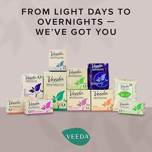 Miniatura 7 de Veeda Almohadillas de noche de algodón natural para mujer, hipoalergénicas, sin cloro y tintes, sin perfume, ultrafinas, superabsorbentes,