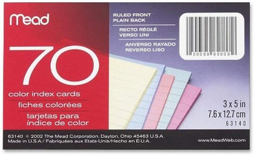 Mead Ruled Colored Index Cards, 3 X 5 Inches (63140