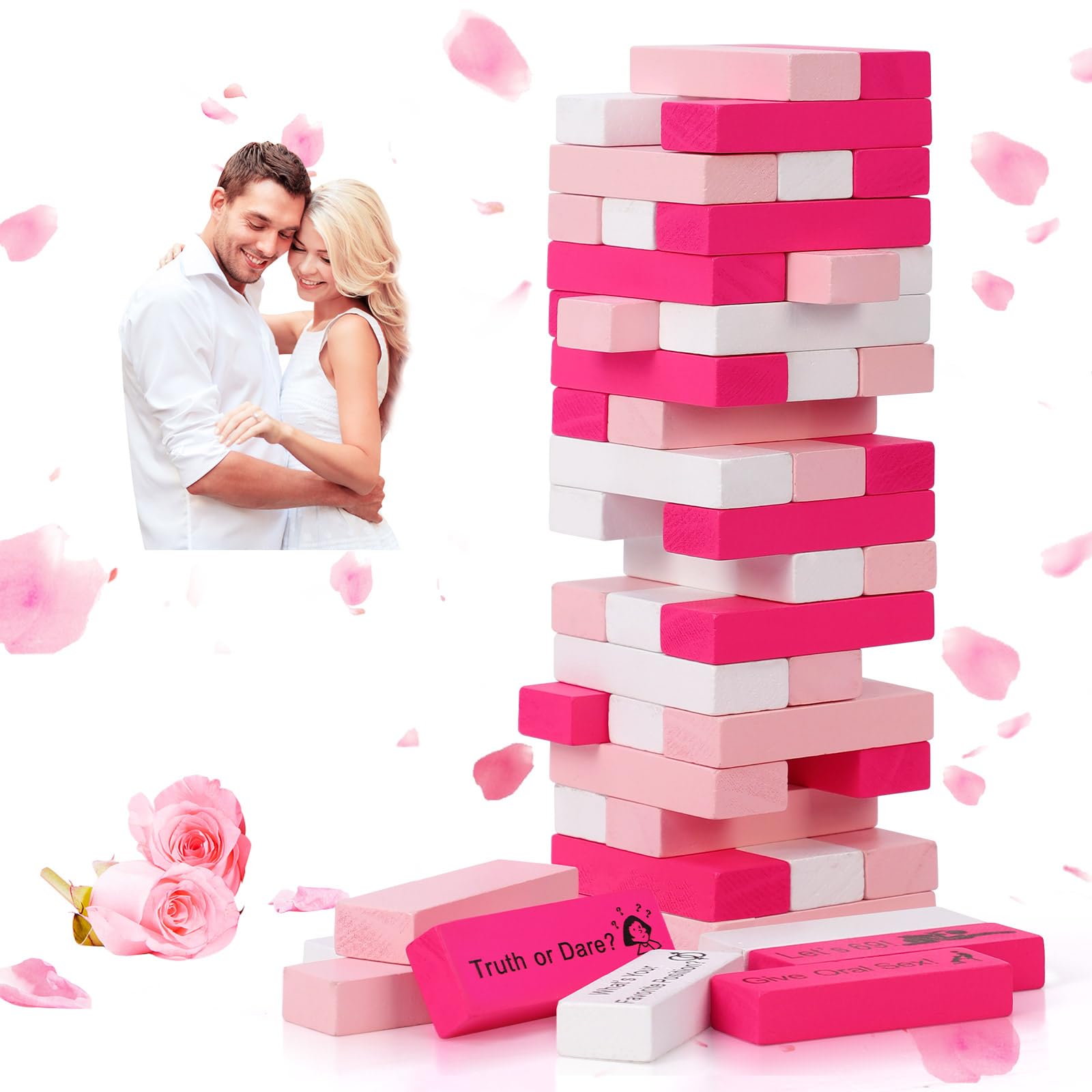 Couples Game for Adults - 54 Pink & White Wooden Blocks with 6 DIY Challenges, Romantic Stacking Tower for Date Night, Valentine Wedding