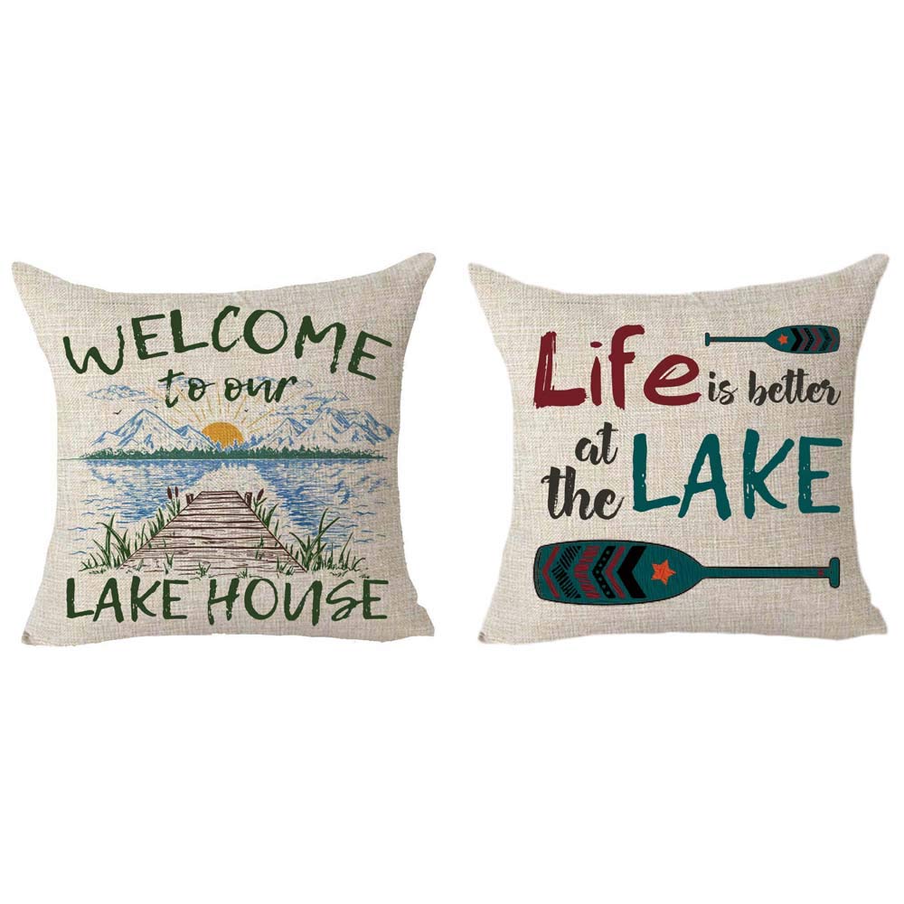 SOPARLLYSet of 2 Words Welcome to Our Lake House Life is Better at The Lake Paddle Geometric Pillows Cotton Linen Decorative Home Office Throw Pillow Case Couch Cushion Cover Square 18 X 18 Inches