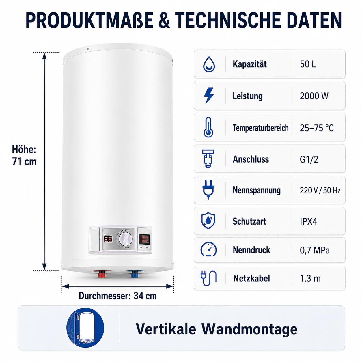 Serbatoio acqua calda elettrica da 50 l, potenza di riscaldamento 2000 W e termometro, risparmio energetico, scaldabagno, scaldabagno