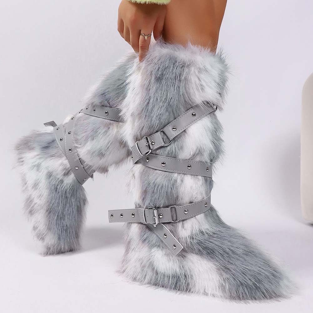 Faux Fur Boots for Women Warm Fuzzy Knee High Boots y2k Long Furry Snow Boot with Belt & Studs Fluffy Indoor Outdoor Shoes