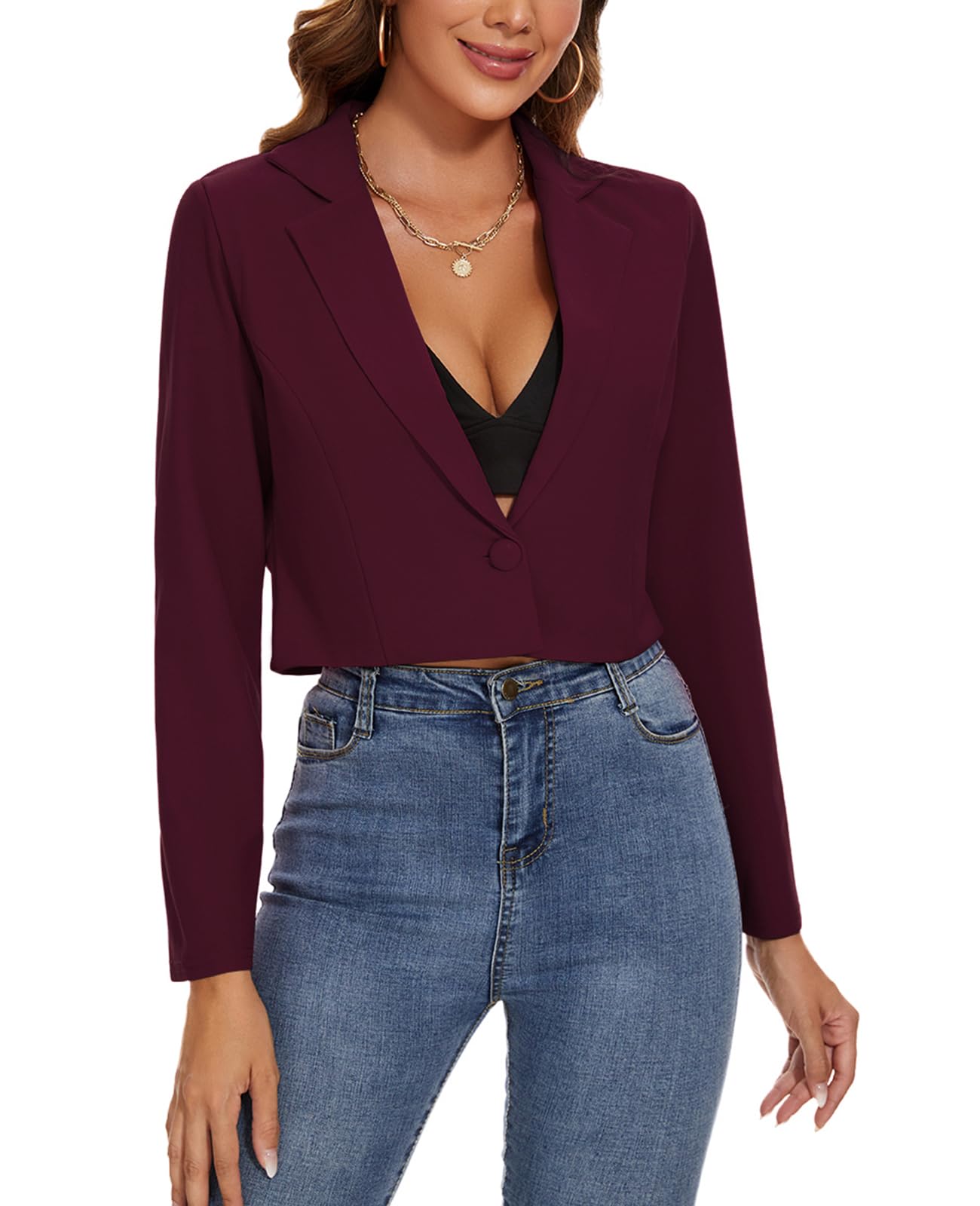 Womens Cropped Blazer One Button Jacket Blazers Notched Lapel Casual Elegant Classic Long Sleeve Workwear Lapel Suit-image-5