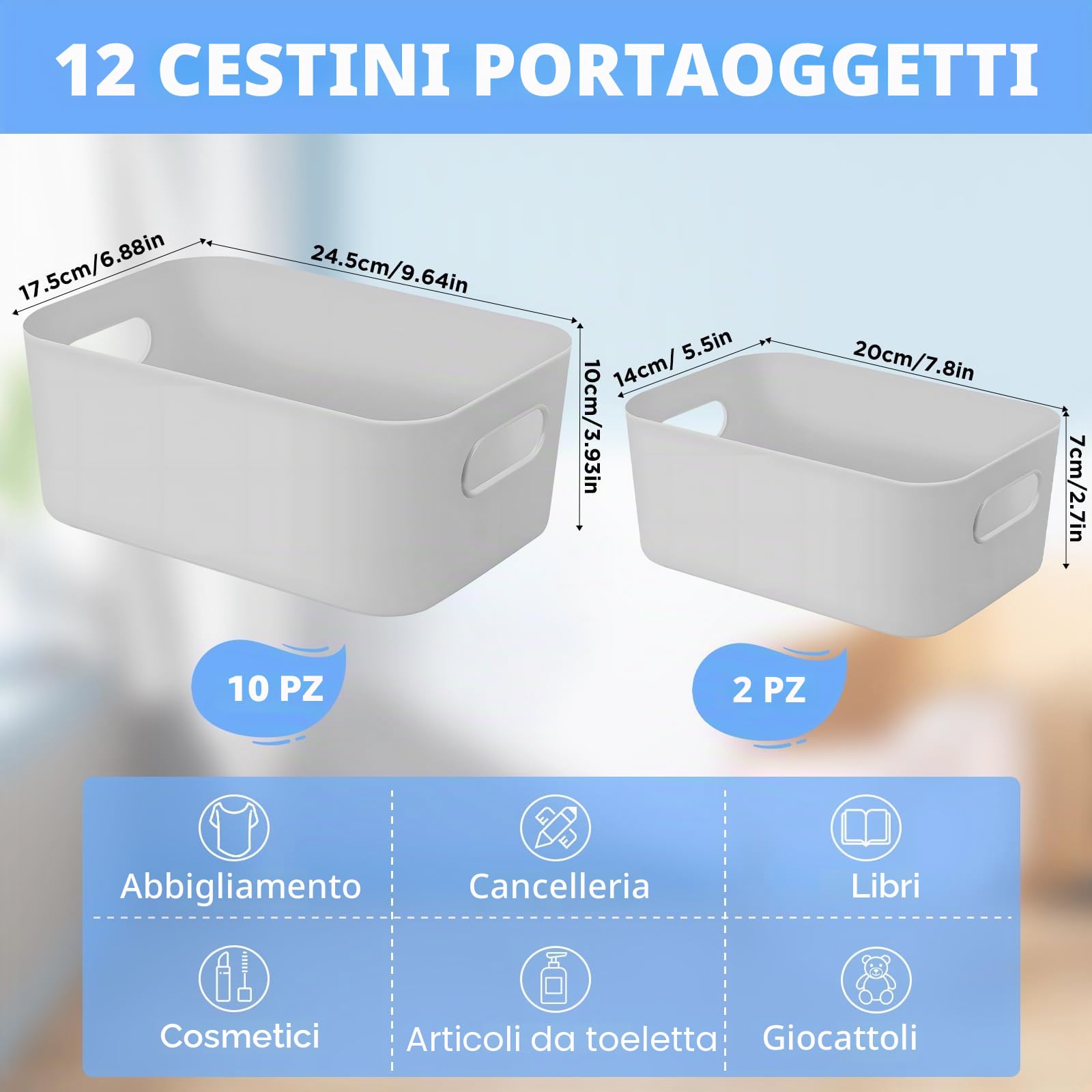 12 Pezzi Cestino Portaoggetti Plastica,Cestini Portaoggetti Plastica,Scatole Organizer,con Manici,per Bagno,Cosmetici,Armadio,Contenitori Salvaspazio Cucina.(Grigio)