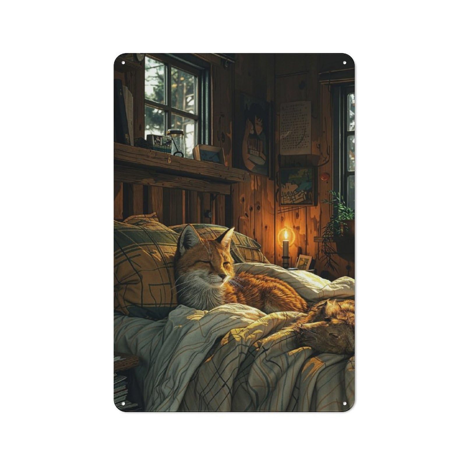 Junmoney Cute Fox Sleeping On Bed Tin Wall Plaque 30X20cm With For Garage Or Workshop, For An Autumn Wall Display In Garage And Workshop