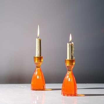Twizzle Twist Candle Holder, Decorative Candlestick for Table Display, Romantic Decoration, Unique Home DECOR Aesthetic, Housewarming Gift, Orange Height 5.7 inches Set of 2 - Resin