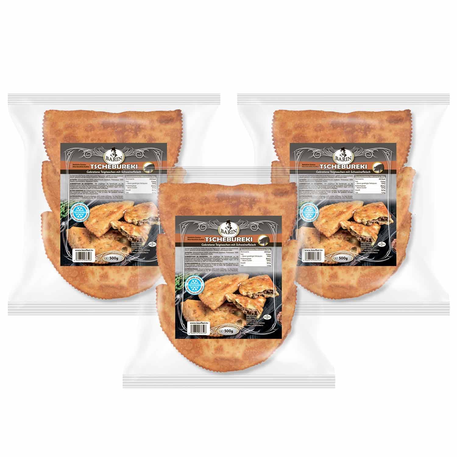 BARIN SET 3x Tschebureki gebraten mit Schweinefleisch 500g Tiefgefrorene Russische Teigtaschen Handgemachte Krimtatarische Spezialität Knuspriger Teig mit zartem Fleisch 1,5kg Gesamtgewicht