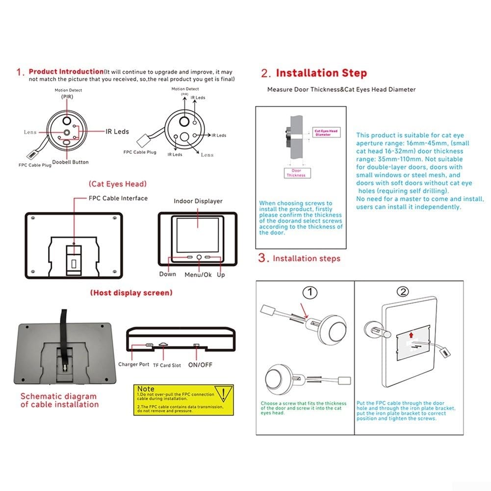 Smart - Telecamera wireless per campanello con schermo LCD HD, telecamera spioncino con rilevamento del movimento PIR, visualizzatore campanello alimentato a batteria per porta d'ingresso