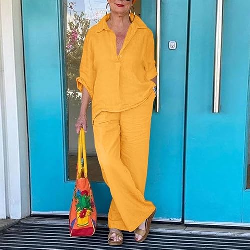 Akivide X-Large Cotton Linen Pants Set in Vibrant Yellow - Stylish 2 Piece Outfit with 3/4 Sleeve Tops and High Waist Wide Leg Pants - Image 2