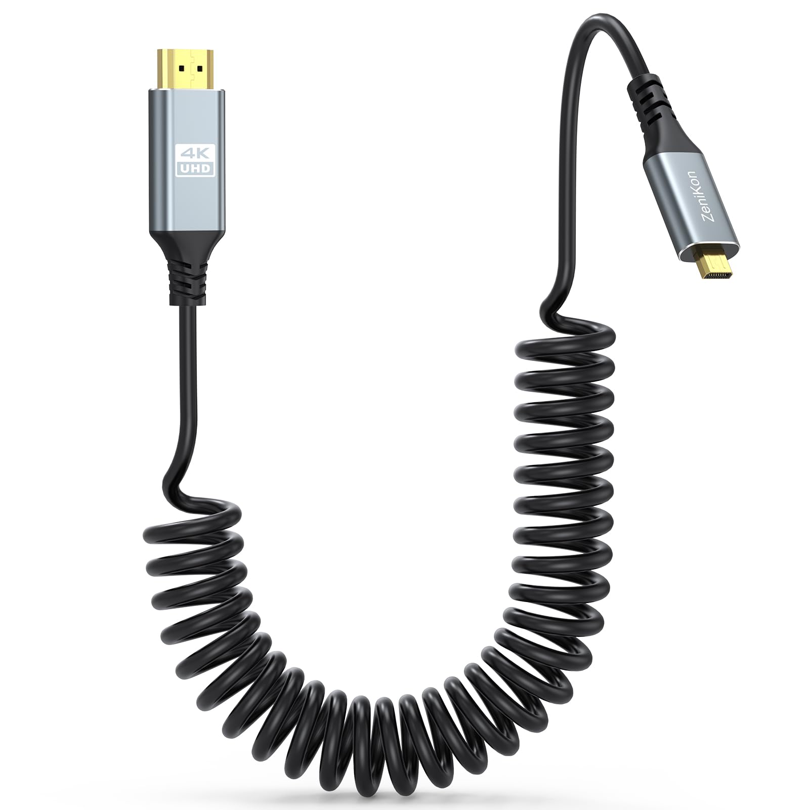 Cable en espiral micro HDMI a HDMI de 1 pie a 3 pies para cámara a monitor de campo, [carcasa de aluminio] Cable en espiral corto HDMI a Micro HDMI 4K @60Hz, 2K @120Hz, HDR, ARC para Raspberry