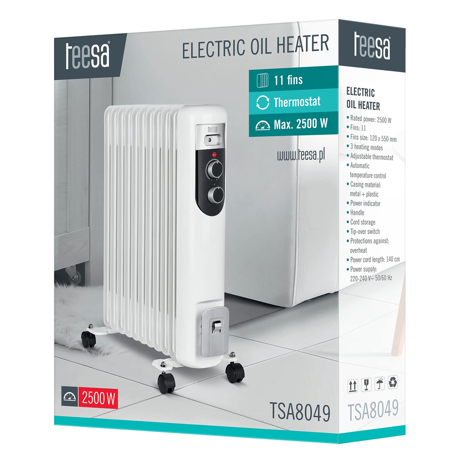 Teesa TSA8049 elektryczny grzejnik olejowy 2500 W (11 żeber), grzejnik z termostatem, 3 stopnie ogrzewania, na 4 kółkach, biały