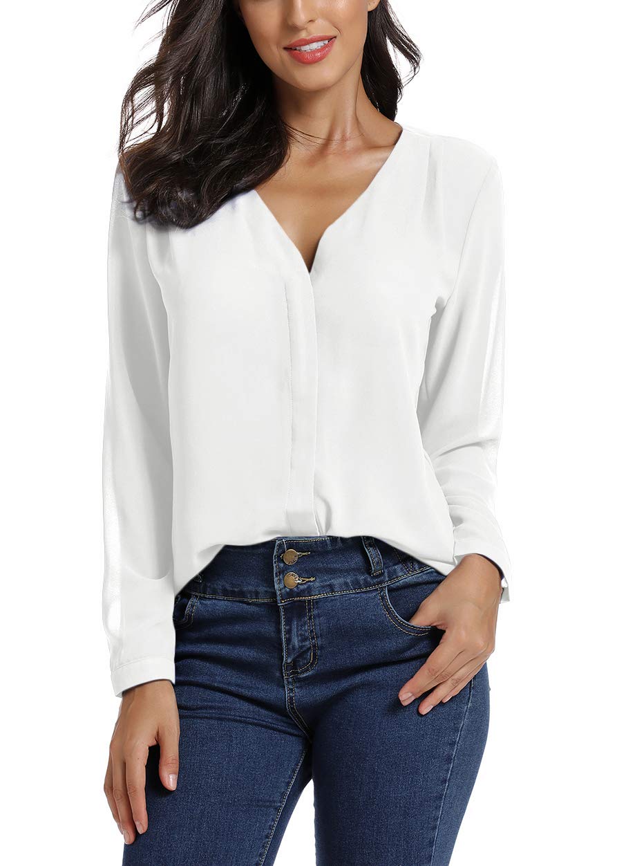 EXCHICWomen's Casual V-Neck Chiffon Blouse Shirts Long Sleeve Tunic Top Shirt