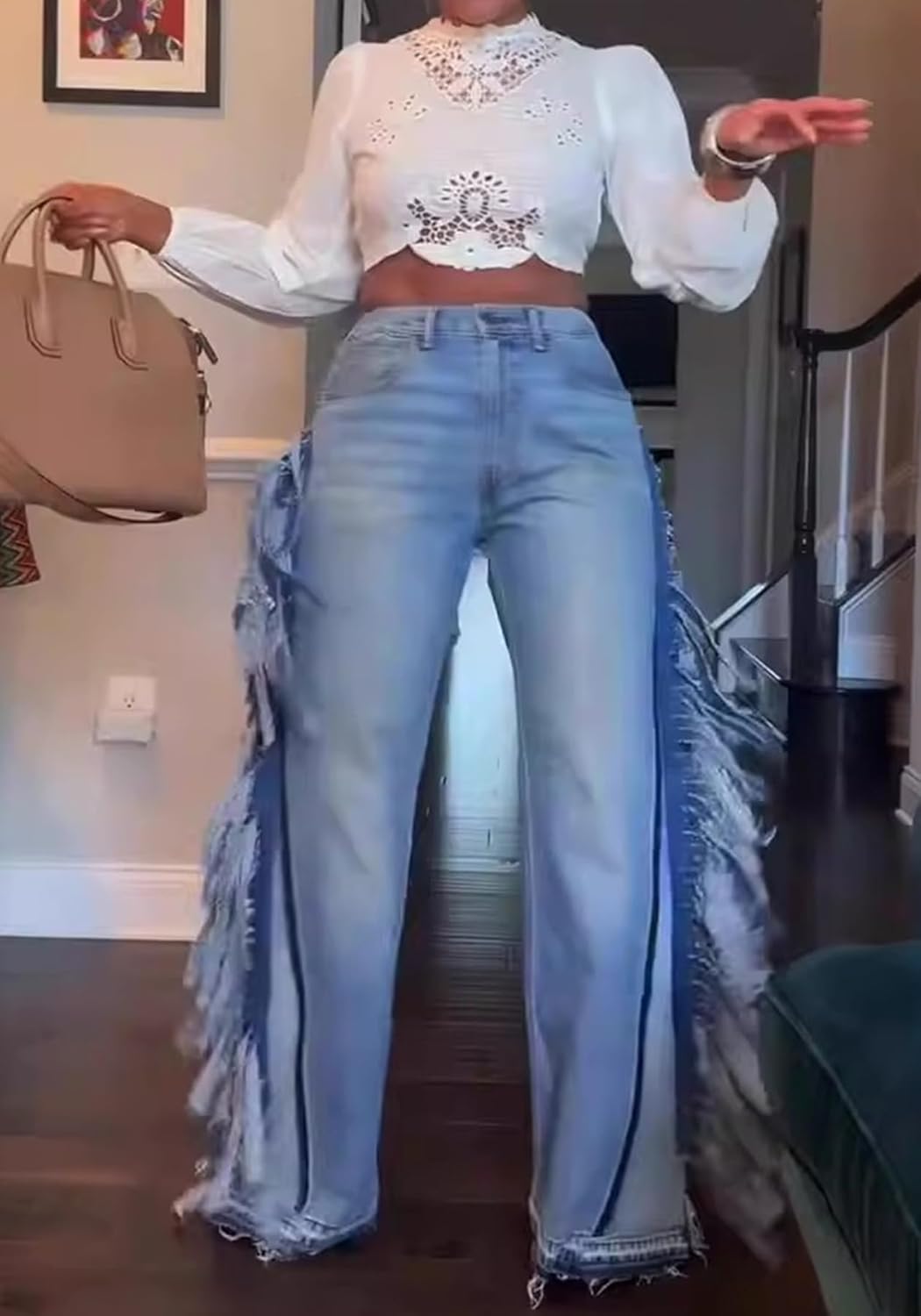 Ecirod Womens Wide Leg Jeans Y2K High Waisted Baggy Fringe Stretchy Loose Fit Trouser Jeans Denim Pants Streetwear - Image 4