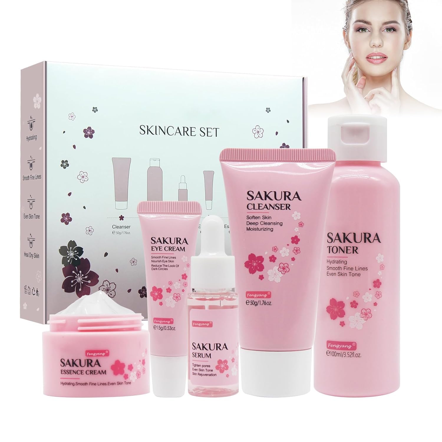 Fengyang® Kit Per La Cura Della Pelle Sakura Da 5 Pezzi Set Per La Cura Della Pelle Sakura Kit Idratante Per La Cura Del Regalo Da Donna Strumento Del Viso Con Estratto Di Fiori Di Ciliegio (5set)
