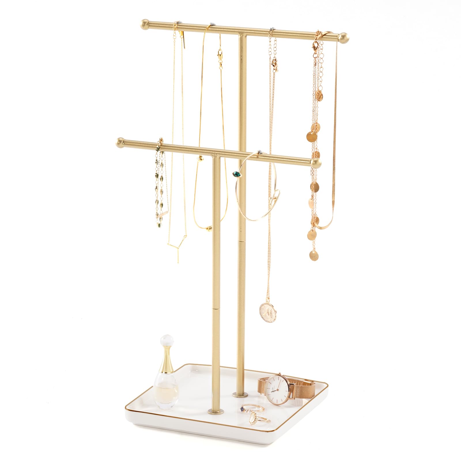 Lolalet White Necklace Holder, Jewellery Display Stand With Ceramic Base Tray Jewellery Organizer Tree For Necklaces Bracelets Earrings Rings -, 2 Tiers