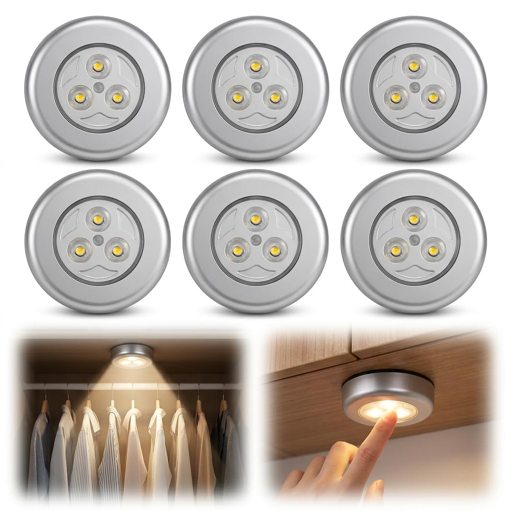 Cozyper 6 Pack Warm LED Battery Powered Wireless Night Light, Stick On Push Lights for Closets, Cabinets, Stairs and Cupboards, Portable Touch Tap Lamp