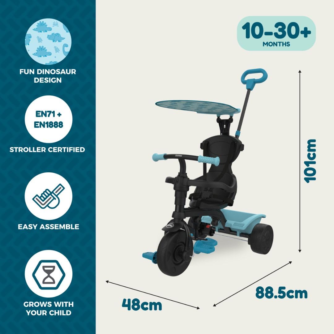 Zoomee 4 in 1 Trike - Dino Discovery, modalità blocco genitori, barra di sicurezza rimovibile, sistema di blocco di sicurezza e ruote resistenti agli urti, parasole UV regolabile, età 10-36 mesi