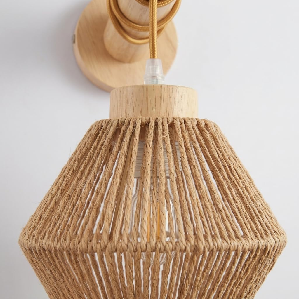 Proudome Jute & Wooden Wall Light | Modern Rustic Decorative Wall Sconce | Hanging Wall Lamp for Living Room, Bedroom, Café, Balcony & Farmhouse Interior Décor (Bulb Not Included) 3