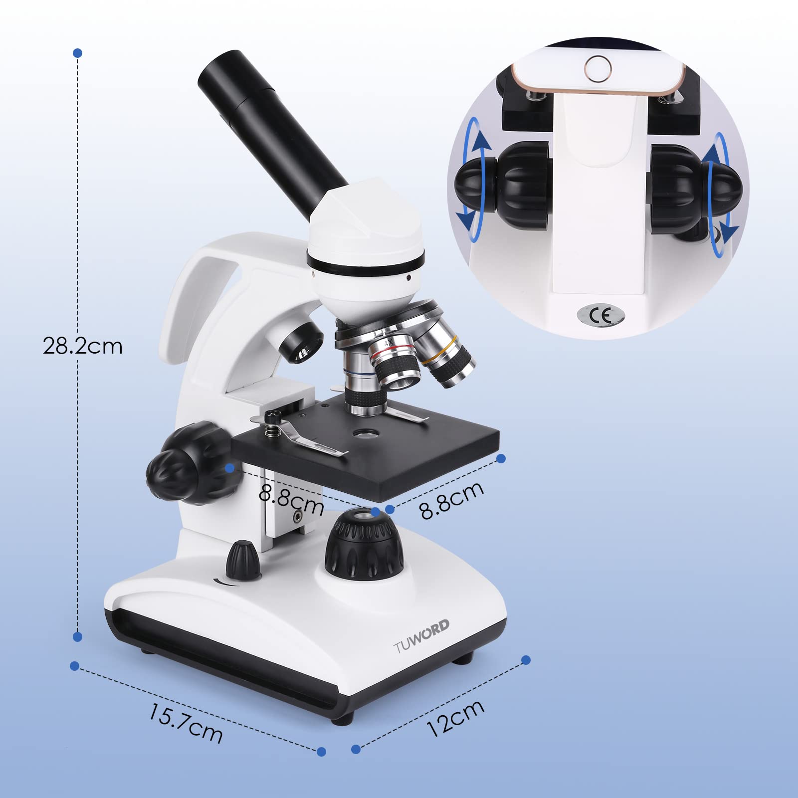 Microscopio(40-1000X) Optico Microscopios Biologico Monocular con Fuente De Luz LED Y Soporte para Teléfono Móvil
