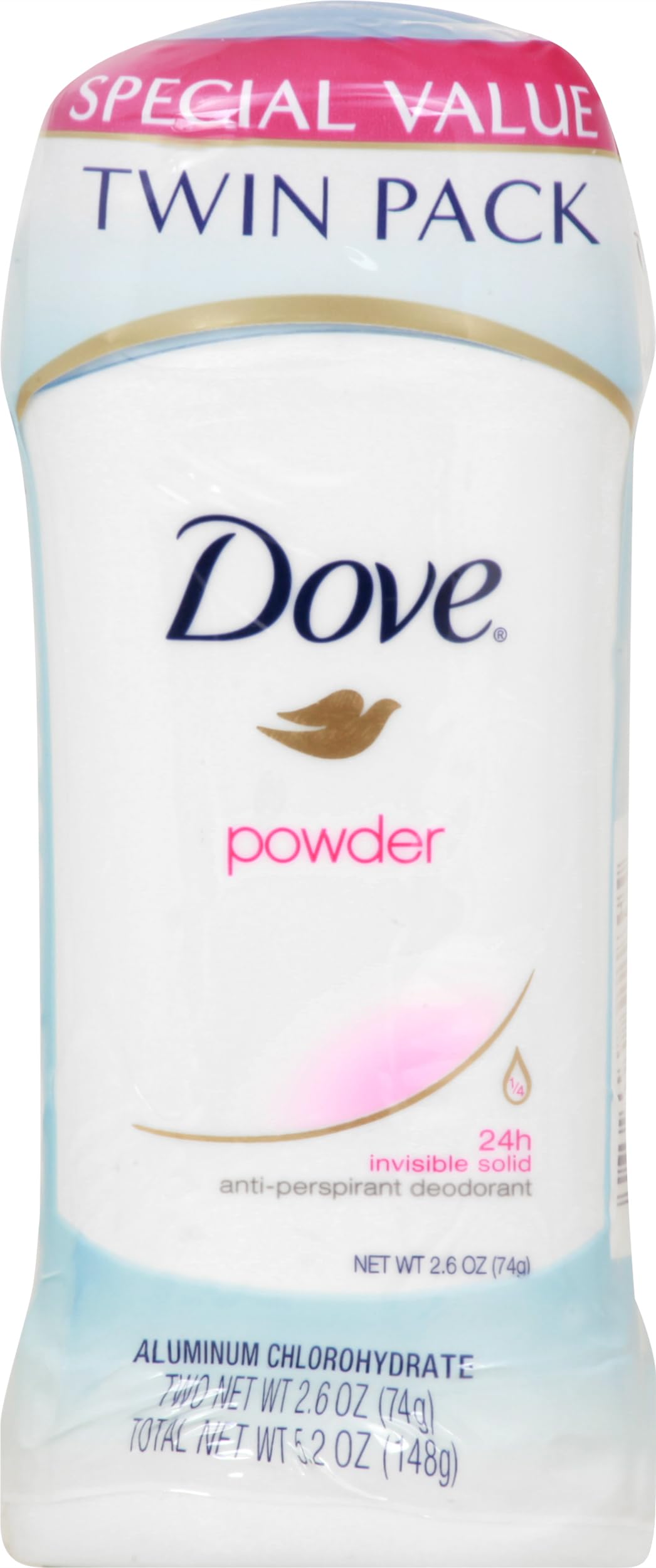 Dove Anti-Perspirant Deodorant Invisible Solid, Powder, Twin Pack 5.20 oz (Pack of 2)