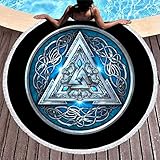 Ethnisch Mittelalterlich Keltisch Rabe Dreieck Tätowieren Runder Strandwurf mit Quasten Nordisch Mythologie Stranddecke Wikinger Krähen Knoten Kunstwerk Franse Strandtüch white 150cm