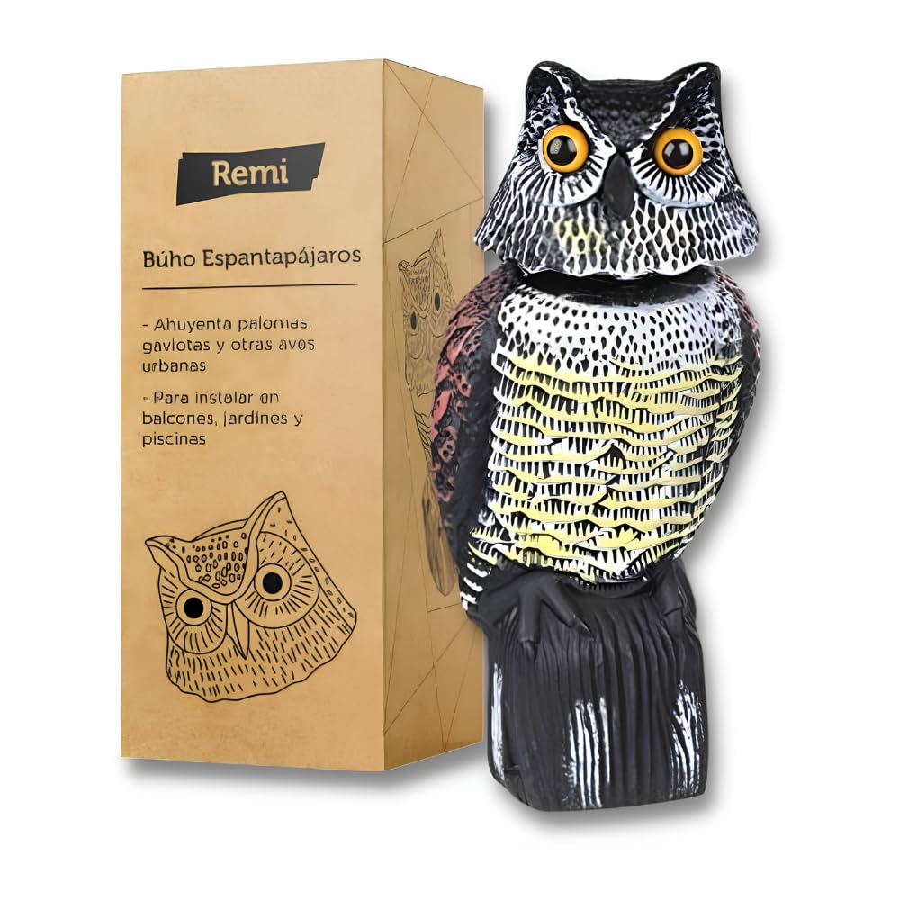 Remi Hogar Búho Espantapájaros Realista | Ahuyenta Palomas, gaviotas y Otras Aves urbanas | para Exteriores, Balcones, Jardines y Piscinas | Poliuretano | Respetuoso con el medioambiente y Fauna