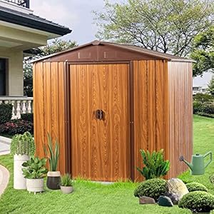 6 x 6 FT Outdoor Storage Shed Metal Garden Shed with Floor Frame Tool Shed Outdoor Storage with Lockable Sliding Doors Air Vents Storage House Waterproof for Backyard Lawn Coffee