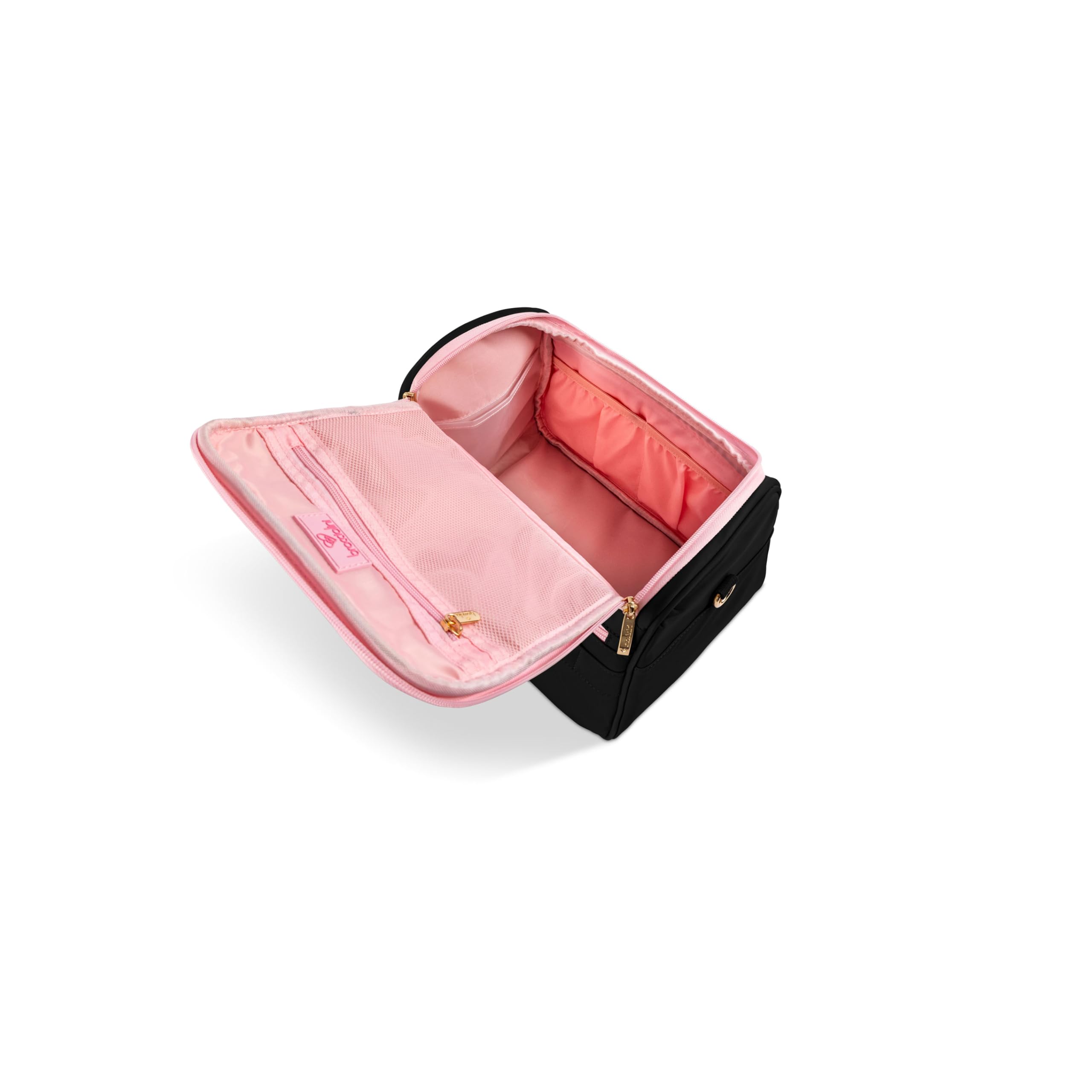Braccialini Travel Kühn und raffiniert, das Braccialini Beauty Case aus Nylon vereint elegantes Schwarz mit Leopardenmuster, eingerahmt von rosa Einfassungen und goldfarbenen Metalldetails. Leicht und