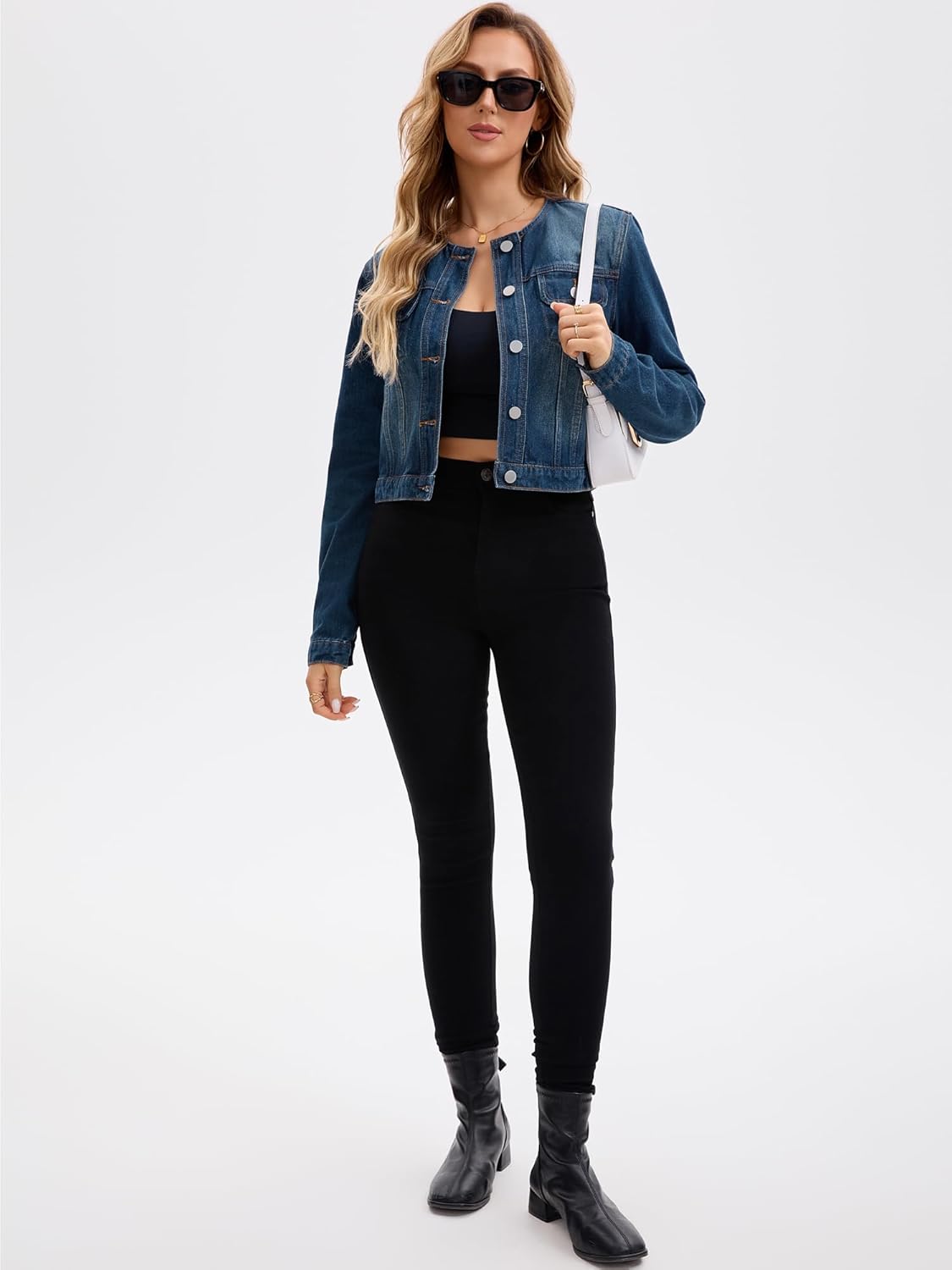 Women's Denim Jacket Collarless Button Down Western Long Sleeve Jean Jackets - Image 3