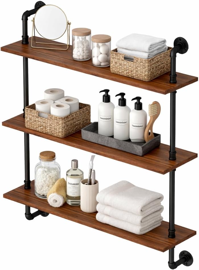 3-Tier Industrial Pipe Floating Shelf – Rustic 24 inch Wood Wall-Mounted Storage Shelf for Kitchen Office,Bathroom & Home Decor -Walnut