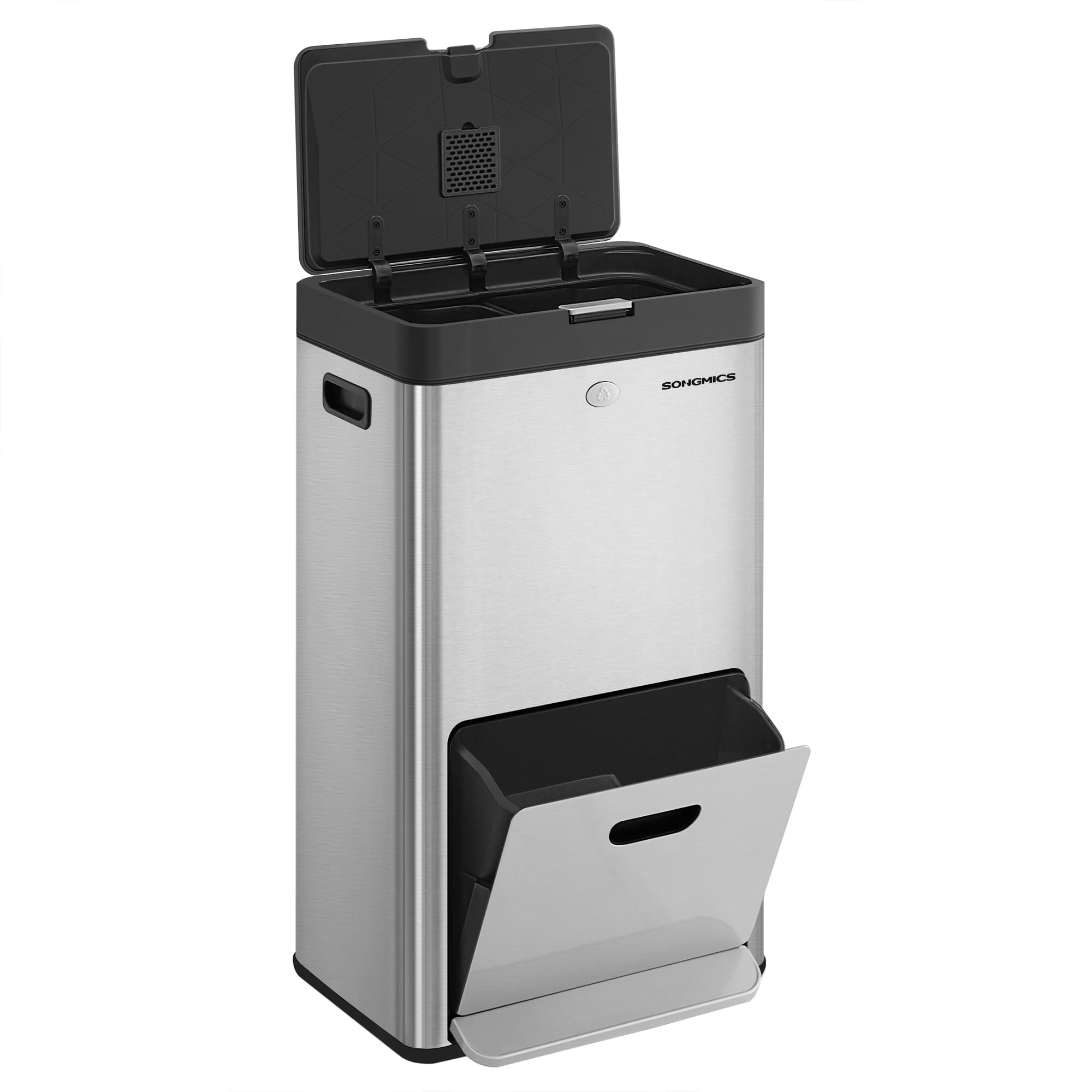 SONGMICS Papelera de Cocina, Cubo de Basura, Volumen de 2 x 17 L y 26 L, 3 Compartimentos para Basura General, Restos de Comida y Reciclaje, Filtro de Carbón, Pedal Ancho, Plata LTB550E60