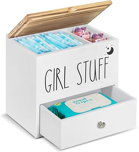 Soporte de tampón para decoración y almacenamiento de baño, organizador de productos femeninos de madera con cajón y tapa, organizador de