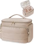 WANDF Travel Toiletry Bag for Women, Wide-Open Large Makeup Bag with Handle, Puffy Makeup Organizer for Toiletries, Cosmetics, Accessories, Essentials (Light Khaki)