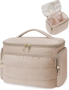 WANDF Travel Toiletry Bag for Women, Wide-Open Large Makeup Bag with Handle, Puffy Makeup Organizer for Toiletries, Cosmetics, Accessories, Essentials (Light Khaki)