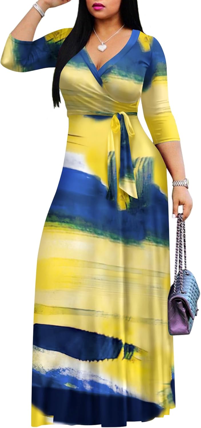 FANDEE Maxi Dress for Women Elegent 3/4 Sleeve V Neck Casual Dresses Classy High Waist Wedding Guest Lomg Dress - Image 2