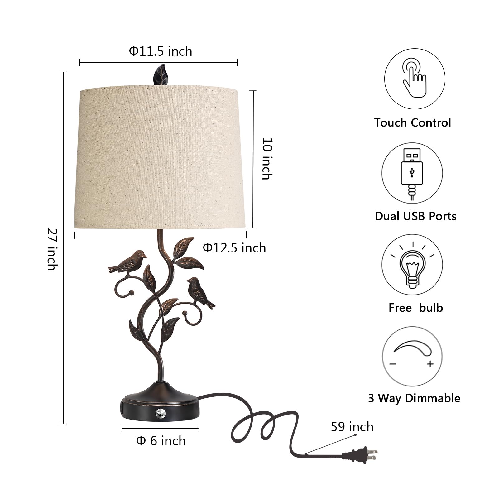 Lampade da tavolo touch da 68,6 cm per soggiorno con 3 vie dimmerabili 2 porte USB, lampada da comodino vintage rustica a foglia di ferro per camera da letto, lampadina LED inclusa