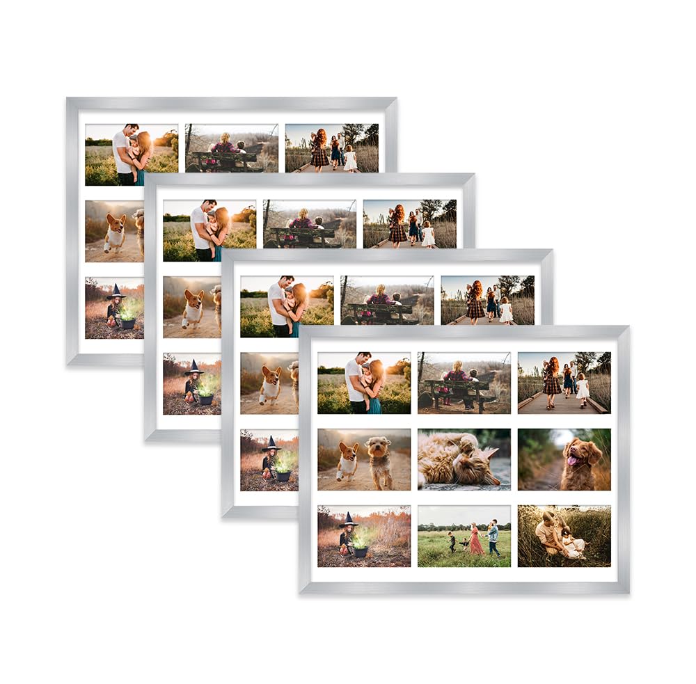 Silver Multi Photo Frame - Holds 9 x 6x4 Pictures, Family Collage Picture Frame for Wall Display, 20x16 Frame size, Set of 4