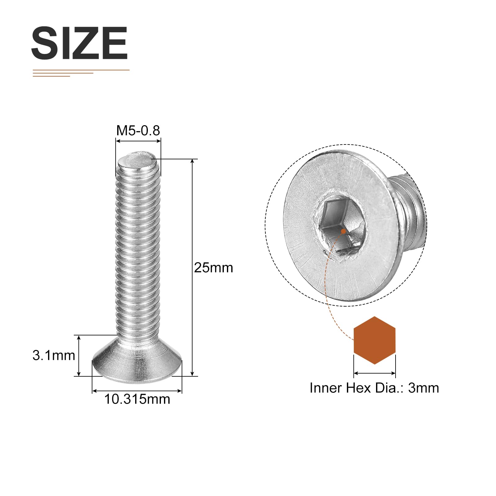 DTGN M5-0.8 x 25mm Flat Head Socket Cap Screws, 25 Pack 304 Stainless Steel Hex Socket Flat Head Screws, Full Thread, Countersunk Bolts - Image 2